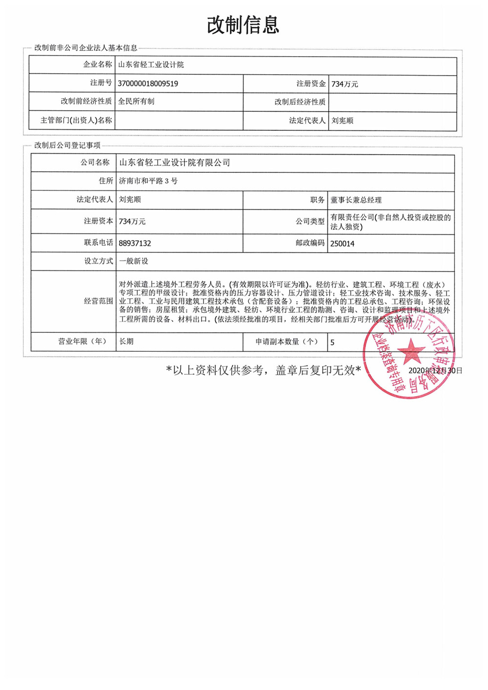 山東省輕工業(yè)設計院公司制改制信息